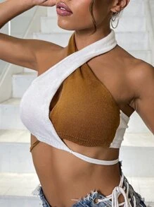 Knit ngọn Hội Chữ thập Khối Màu Gợi cảm - Lạc đà - Xem 4