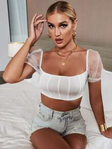 SHEIN Allurite Scoop Neck Mesh Puff Sleeve Top - White - View 7