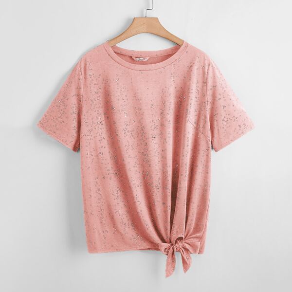 

Plus Knot Hem Allover Print Tee, Coral pink