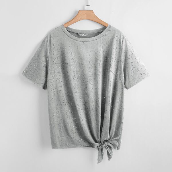 

Plus Knot Hem Allover Print Tee, Grey