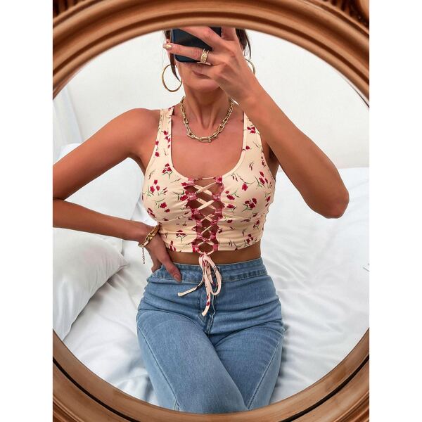 

Lace Up Front Floral Tank Top, Multicolor