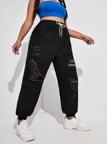 Jeans rotos de cintura con cordón - Negro - Ver 1