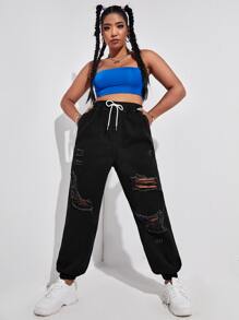 Jeans rotos de cintura con cordón - Negro - Ver 3