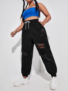 Jeans rotos de cintura con cordón - Negro - Ver 5