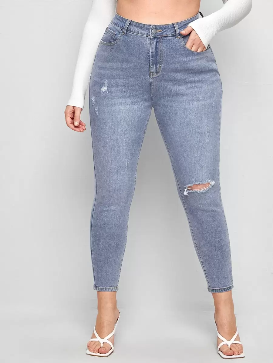 Quần Denim kích thước lớn Nút màu trơn - Rửa nhẹ - Xem 1