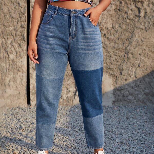 

Plus Slant Pocket Colorblock Mom Jeans, Light wash