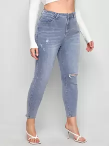 Quần Denim kích thước lớn Nút màu trơn - Rửa nhẹ - Xem 3