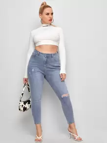 Quần Denim kích thước lớn Nút màu trơn - Rửa nhẹ - Xem 4