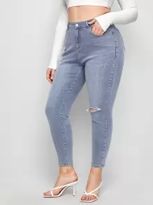Quần Denim kích thước lớn Nút màu trơn - Rửa nhẹ - Xem 5