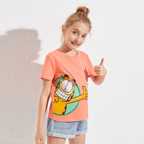 

Girls Cartoon Graphic Tee, Coral orange
