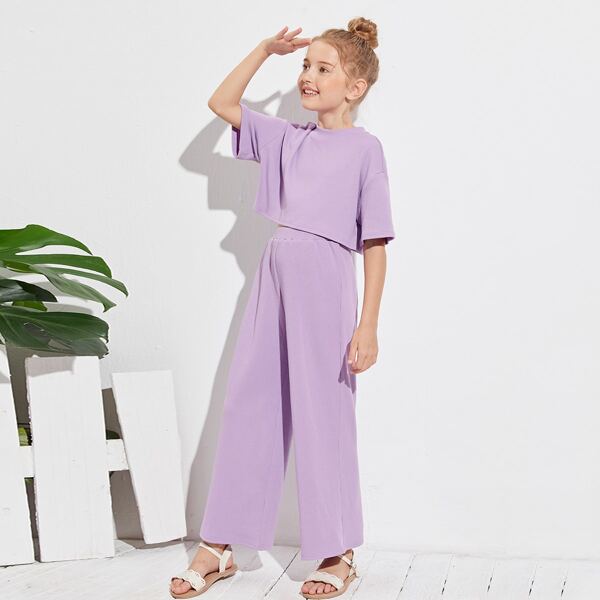 

Girls Drop Shoulder Button Back Top & Pants Set, Lilac purple