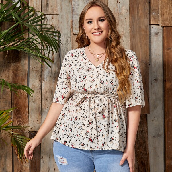 

Plus Ditsy Floral Surplice Neck Belted Blouse, Beige