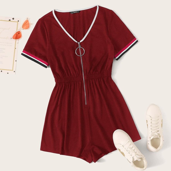 

Plus Striped Print O-ring Zipper Front Romper, Burgundy