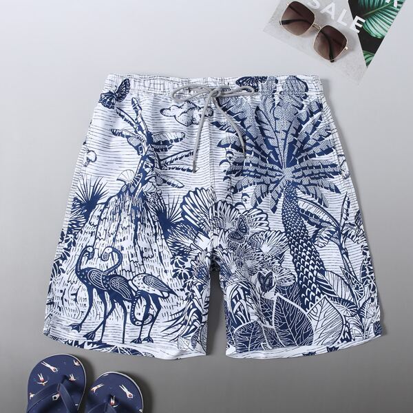 

Men Tropical Print Drawstring Swim Trunks, Blue and white