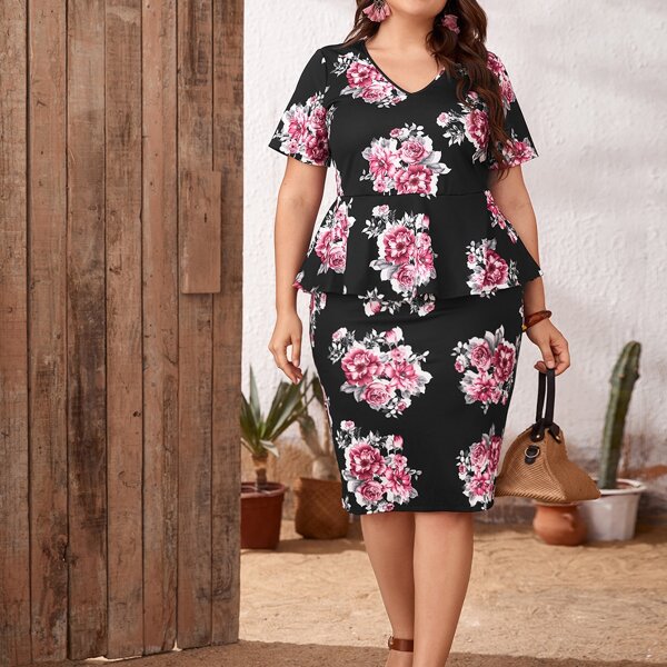 

Plus Floral Print V-neck Peplum Top & Skirt Set, Multicolor
