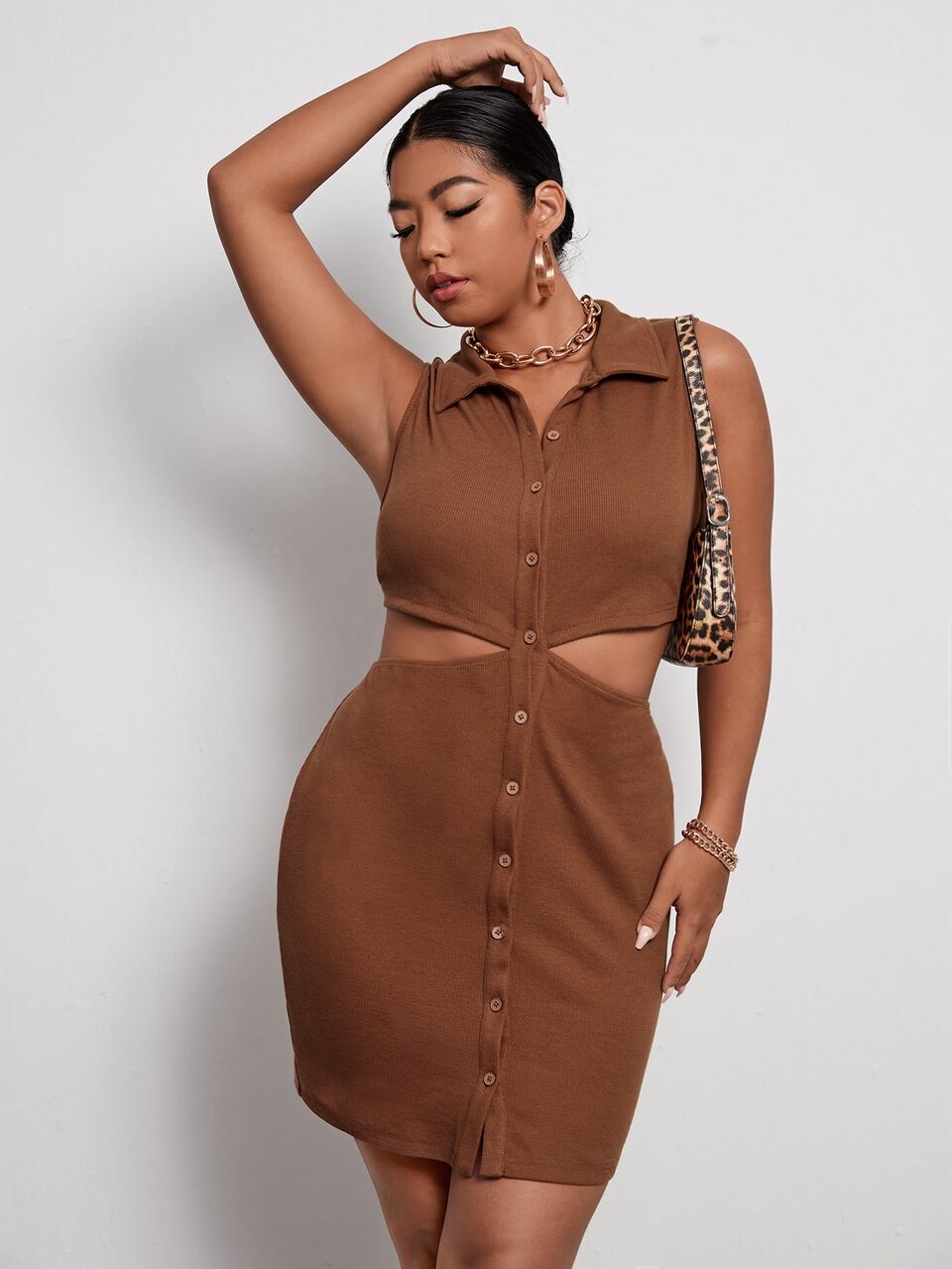 Plus Cutout Waist Button Placket Dress