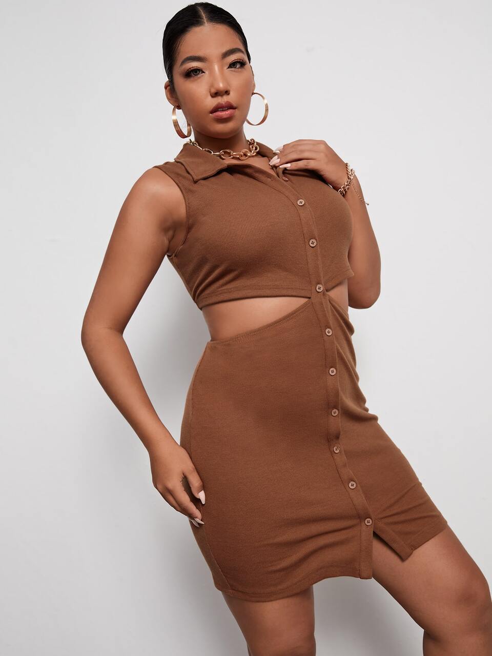 Plus Cutout Waist Button Placket Dress
