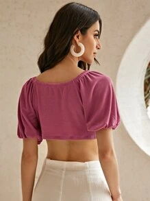 SHEIN Top Corto Con Mangas Abullonadas Y Frente Cruzado Retorcido - Morado - Ver 2