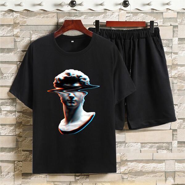 

Men Sculpture Print Tee & Drawstring Track Shorts, Black
