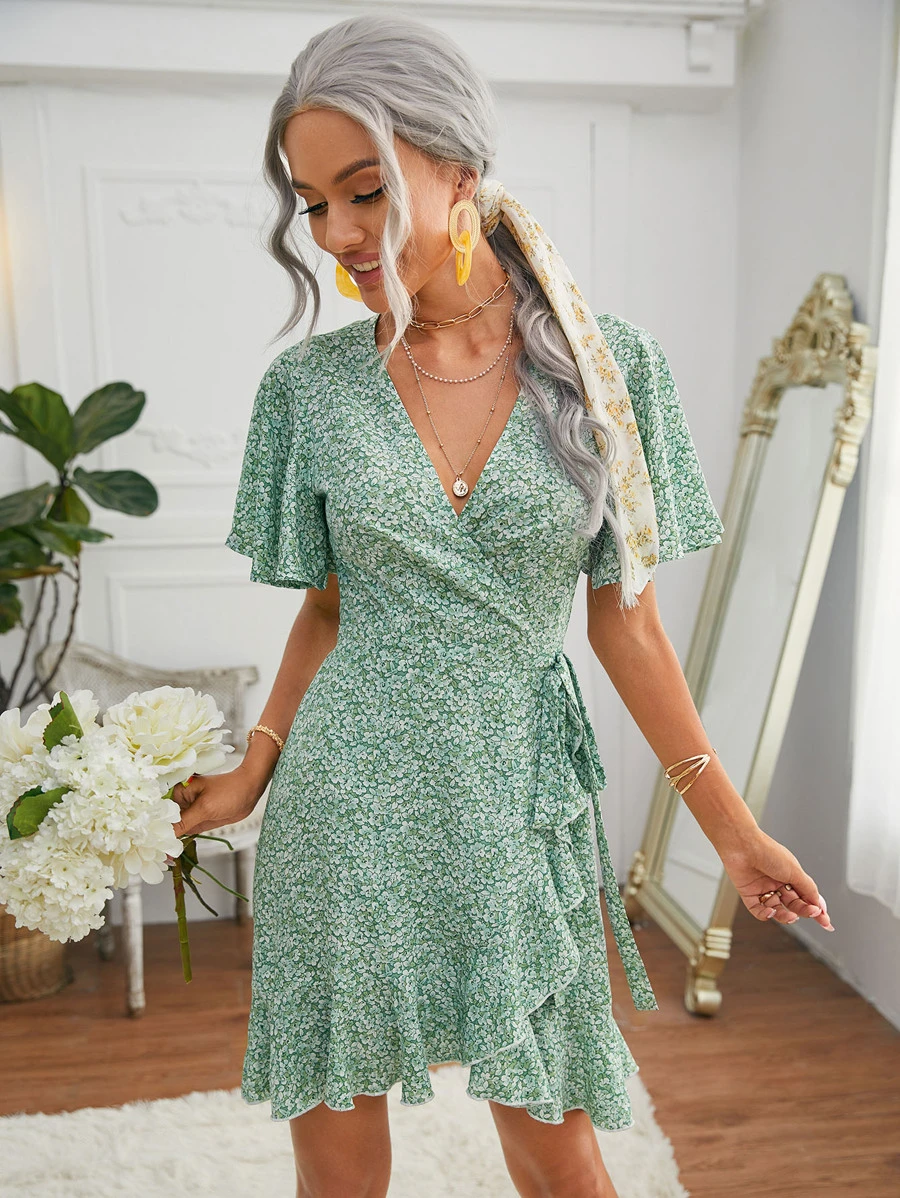 SHEIN Ditsy Floral Butterfly Sleeve Wrap Belted Dress | SHEIN USA