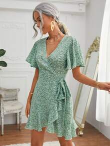 SHEIN Ditsy Floral Butterfly Sleeve Wrap Belted Dress | SHEIN USA