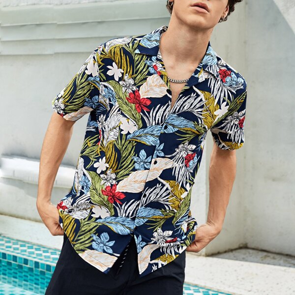 

Men Tropical Print Lapel Collar Shirt, Multicolor