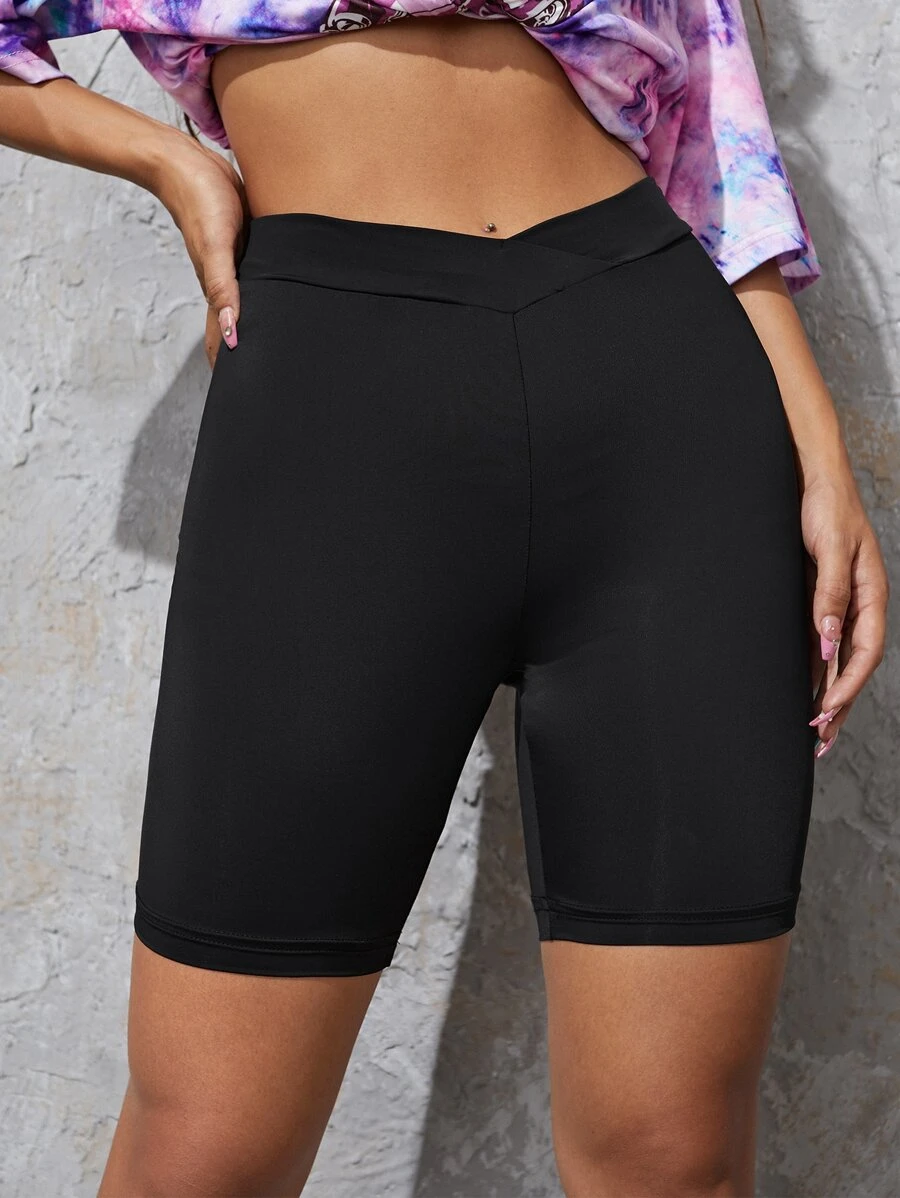 SHEIN EZwear 交疊腰素色機車短褲 - 黑色 - 查看 1
