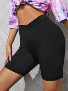 SHEIN EZwear 交疊腰素色機車短褲 - 黑色 - 查看 4
