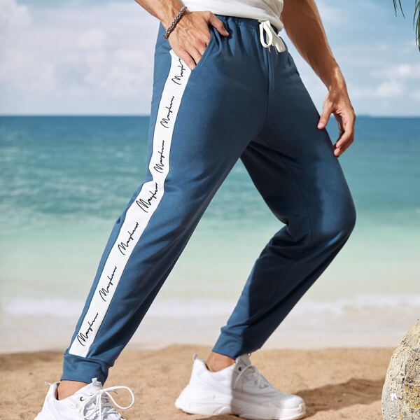 

Men Contrast Side Seam Drawstring Sweatpants, Blue and white