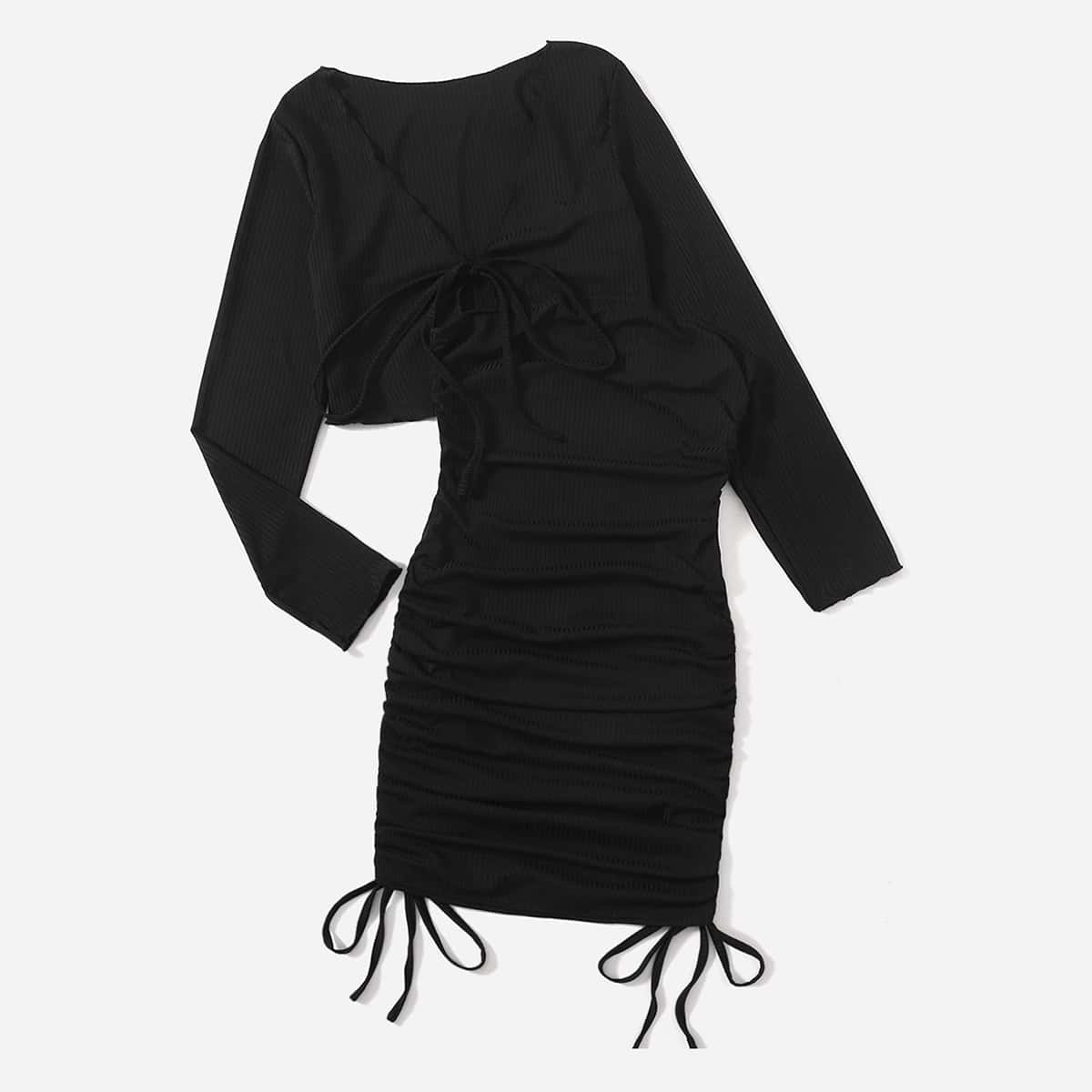 

Solid Ribbed Tie Front Top & Drawstring Ruched Dress, Black