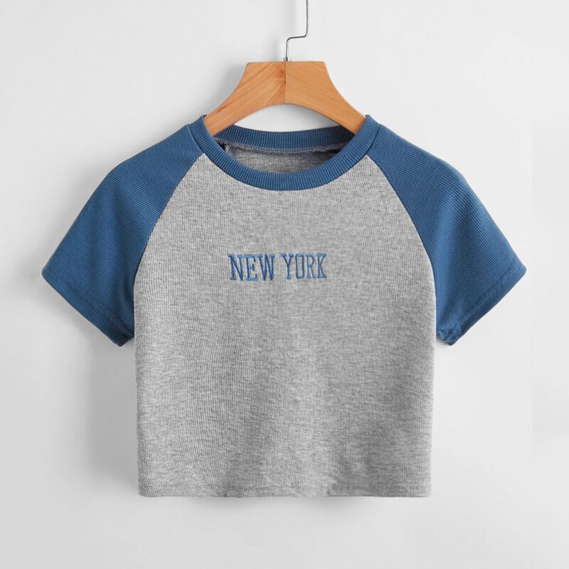 

Letter Embroidery Colorblock Ribbed Crop Tee, Multicolor