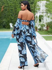 SHEIN Plus Tropical Print Bardot Top & Split Thigh Trousers Set - Multicolor - View 2