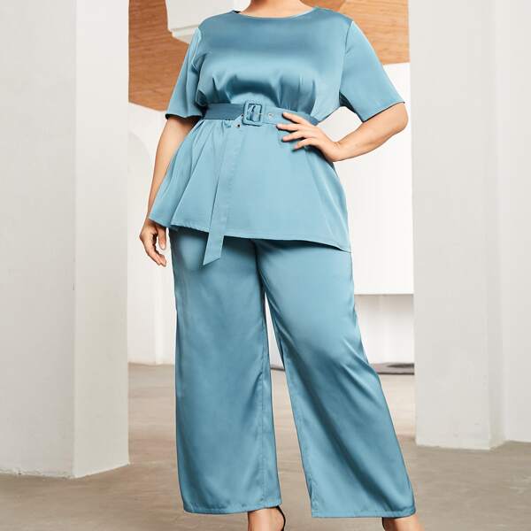 

Plus Belted Satin Top & Wide Leg Pants Set, Blue