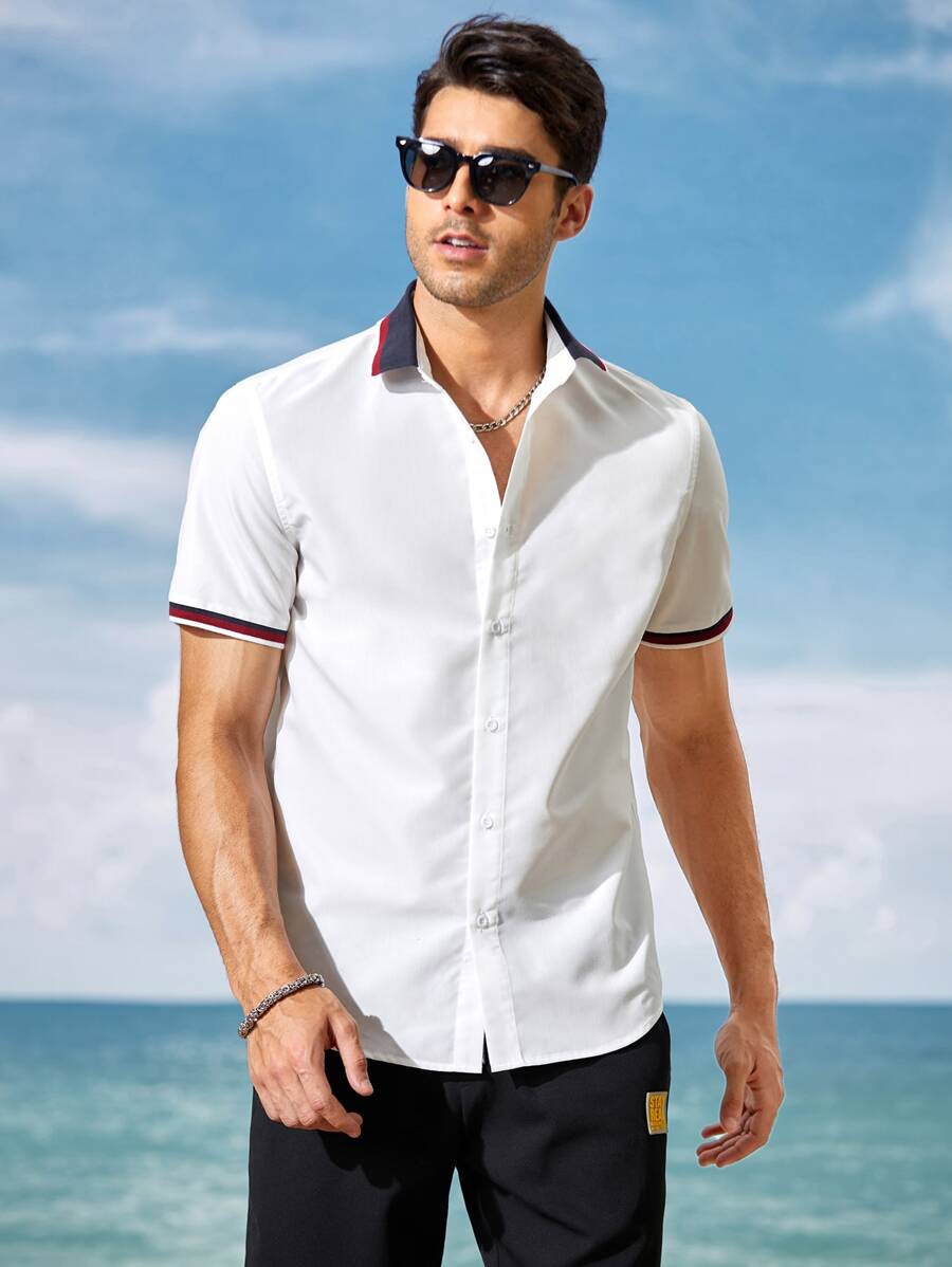 GENTILAND Men Cotton Striped Trim Button Front Shirt - White - View 1