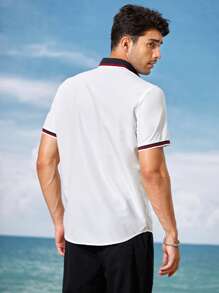 GENTILAND Men Cotton Striped Trim Button Front Shirt - White - View 2