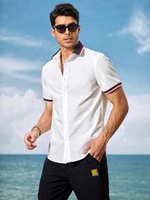 GENTILAND Men Cotton Striped Trim Button Front Shirt - White - View 4