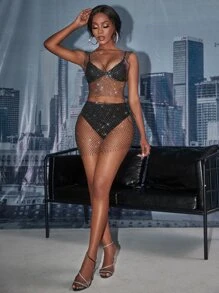 SHEIN SXY Rhinestone Beaded Fishnet Mesh Top and Skirt Set Without Lingerie - Black - View 6