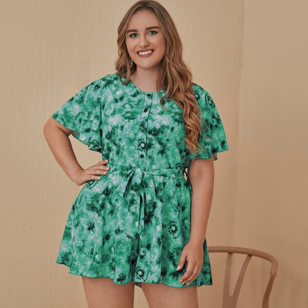 

Plus Half Button Tie Dye Belted Romper, Green