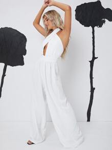 SHEIN BAE Crisscross Backless Solid Jumpsuit - White - View 1