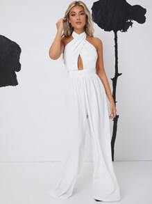 SHEIN BAE Crisscross Backless Solid Jumpsuit - White - View 5