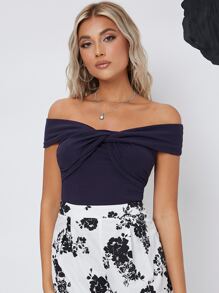 SHEIN Camisetas Pliegos Liso Elegante - Azul Marino - Ver 4