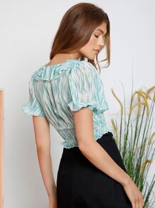 SHEIN 荷葉邊泡泡袖打褶大理石圖案上衣 - 藍白色 - 查看 2