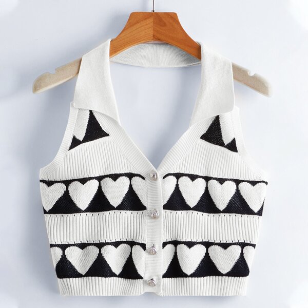 

Heart Pattern Halter Knit Top, Black and white