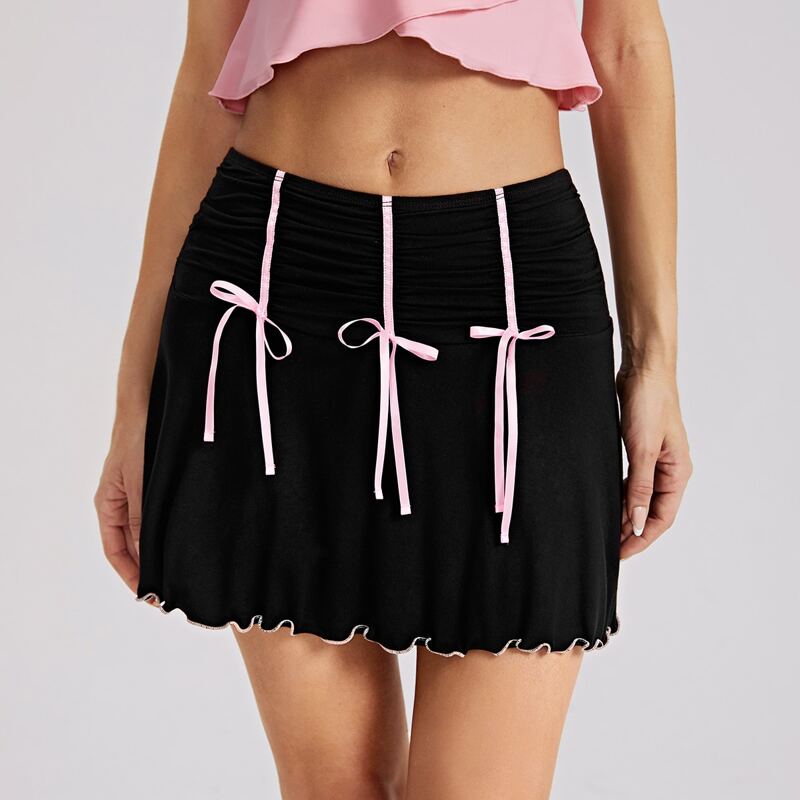

Lettuce Trim Ribbon Detail Skirt, Black