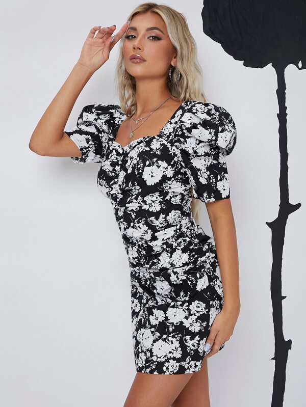 SHEIN Puff Sleeve Ruched Allover Floral Dress