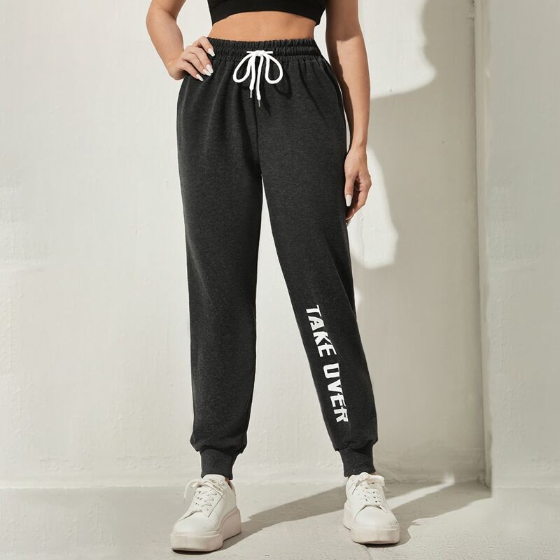 

Slogan Graphic Drawstring Waist Sports Pants, Dark grey