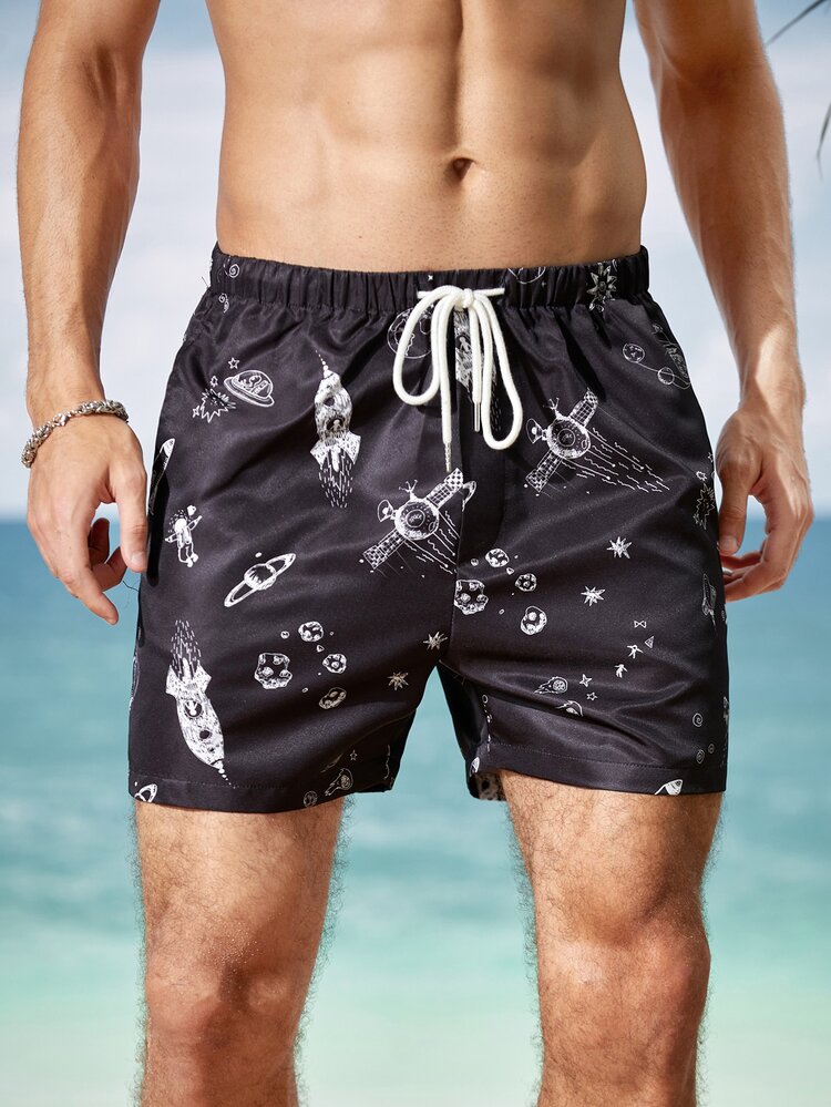 Manfinity Men Astronaut & Spaceship Print Shorts - Black - View 3