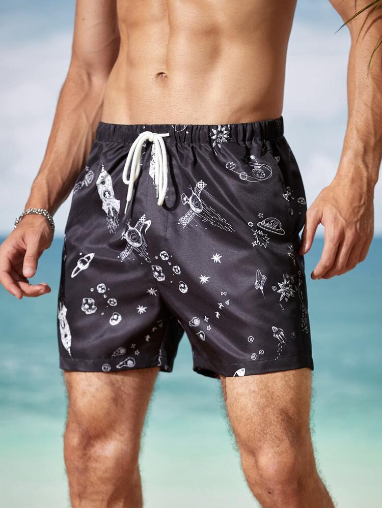 Manfinity Men Astronaut & Spaceship Print Shorts - Black - View 5