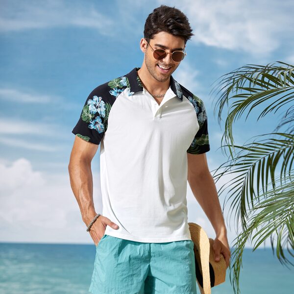 

Men Tropical Print Raglan Sleeve Polo Shirt, White