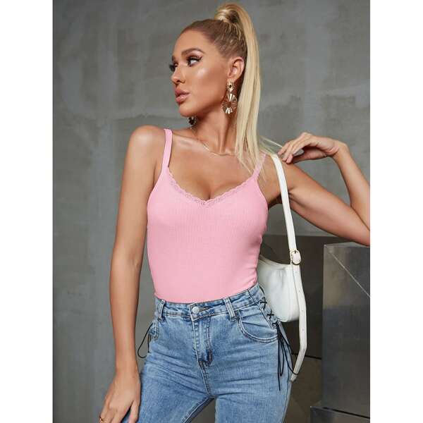 

Lace Insert Slim Fit Cami Top, Pink